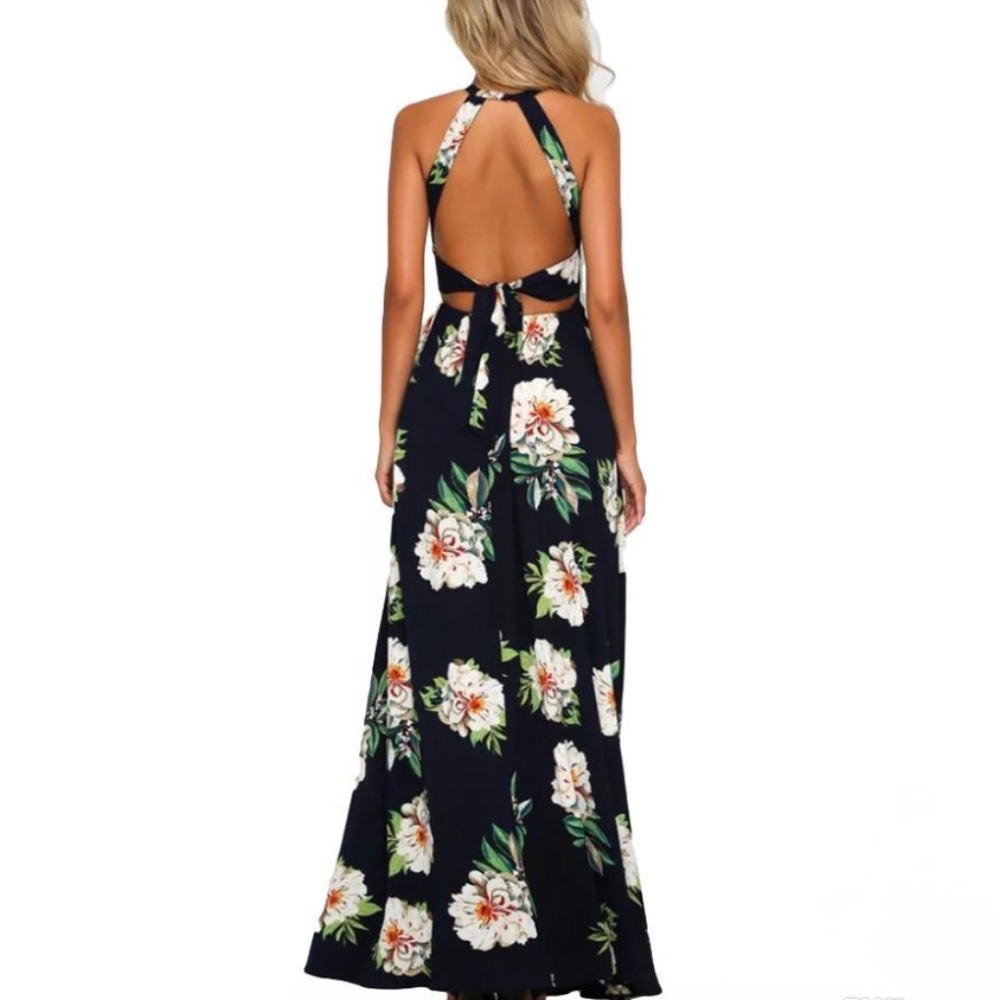 Black Floral Halter Maxi Beach Dress - Picture 3 of 5